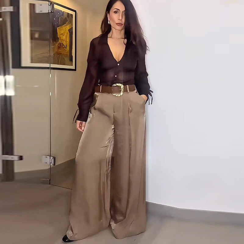 Pantalon fluide taille haute avec ceinture élégante