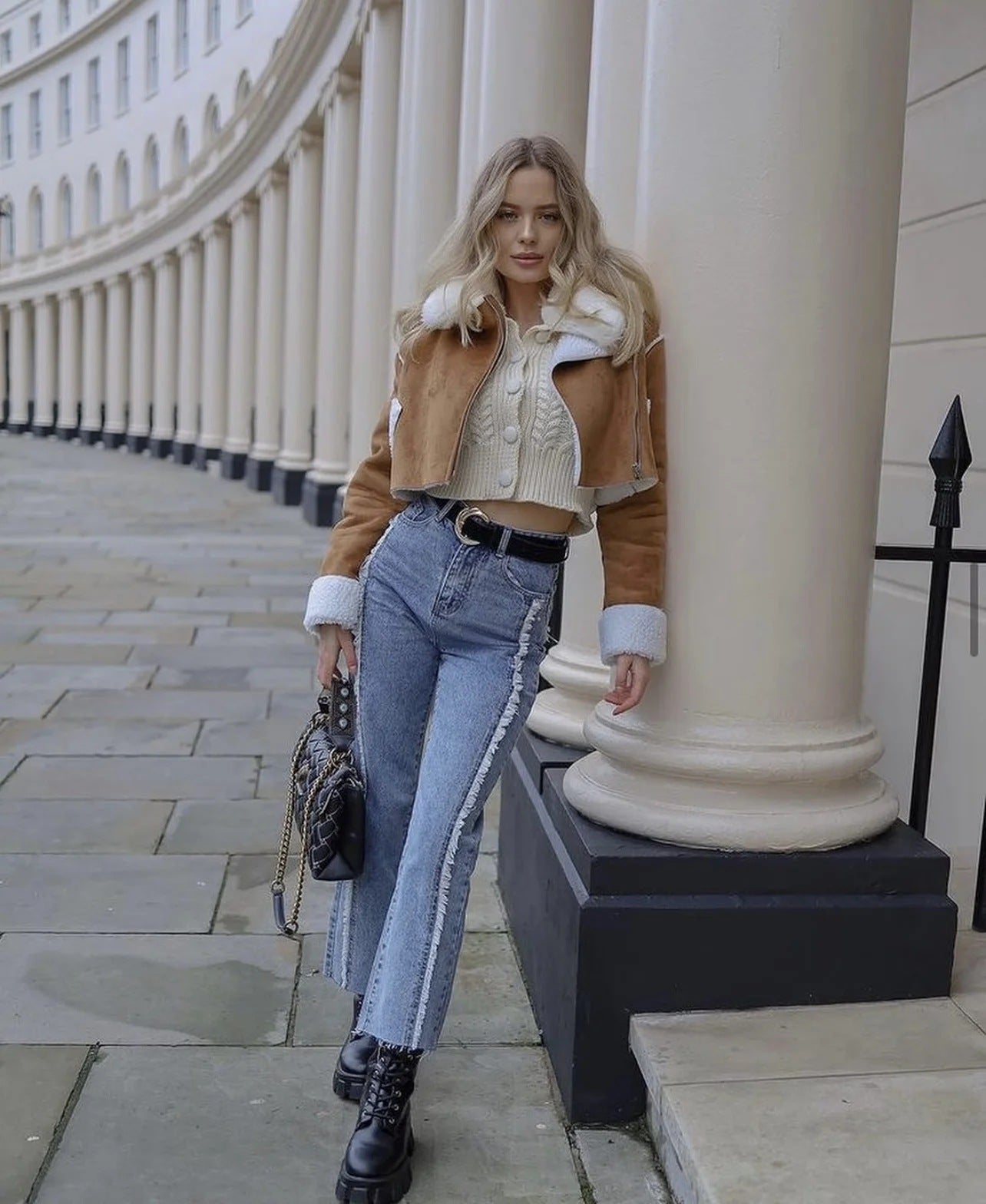 Veste Aviateur Courte en Simili Cuir avec Doublure Sherpa