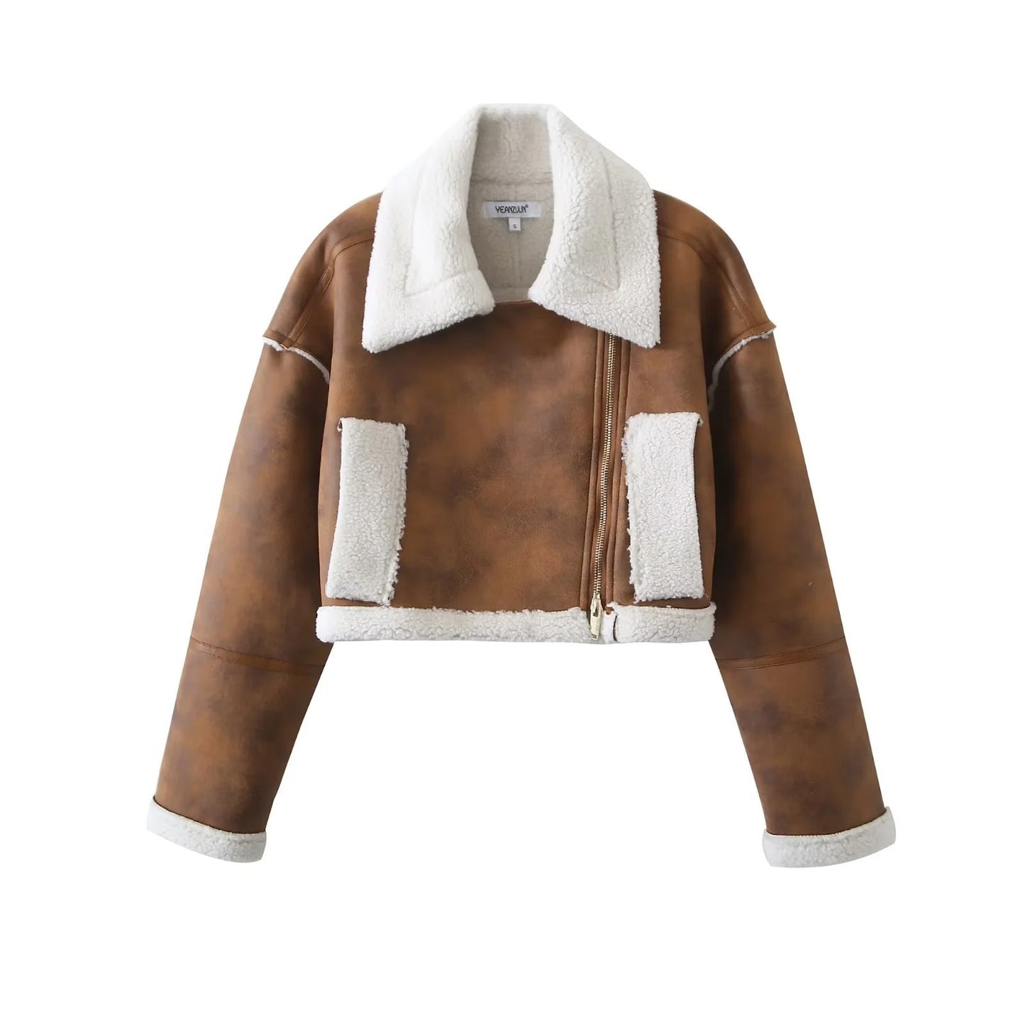 Veste Aviateur Courte en Simili Cuir avec Doublure Sherpa