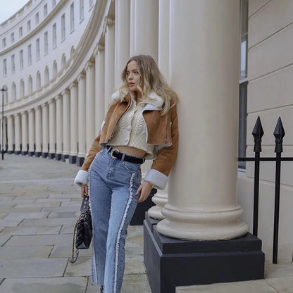 Veste Aviateur Courte en Simili Cuir avec Doublure Sherpa