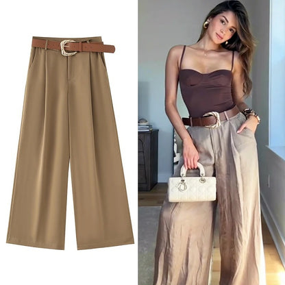 Pantalon fluide taille haute avec ceinture élégante