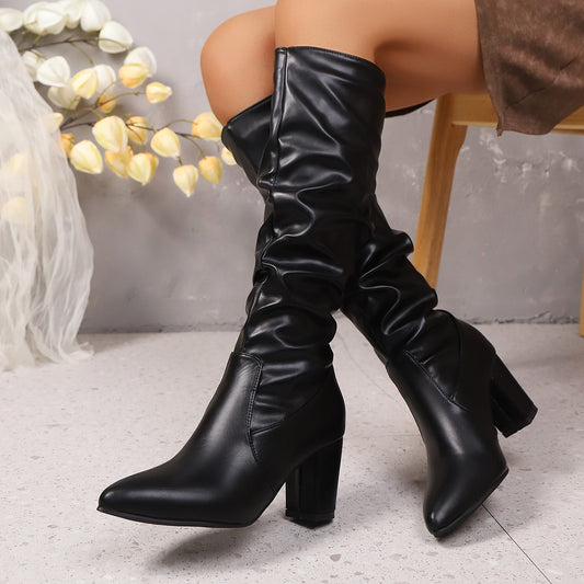 Bottes Femme à Talons Hauts – Similicuir Noir, Style Plissé Élégant
